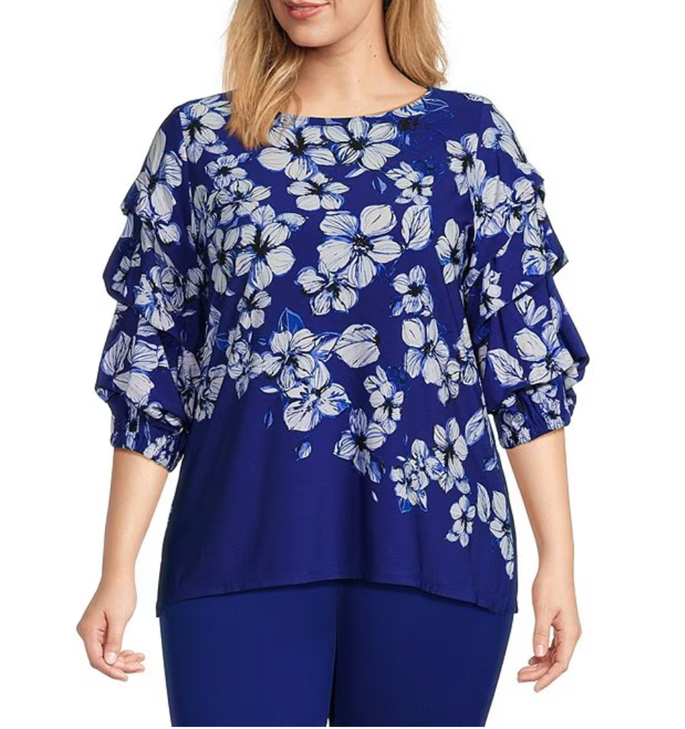 Slim Factor Investments Cascading Floral Print Tiered Sleeve Shirt Plus Size 3X